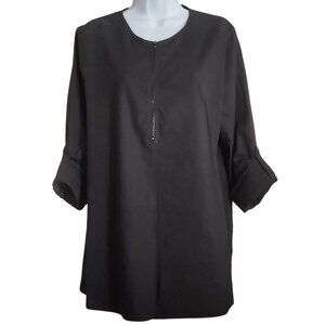 Eileen Fisher Organic Linen Blend Roll Tab Sleeves 1/4 Zip Pullover Tunic L